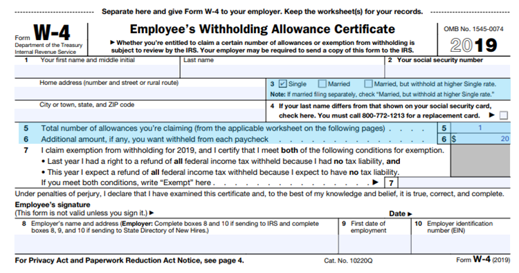 example of a W-4 from 2019